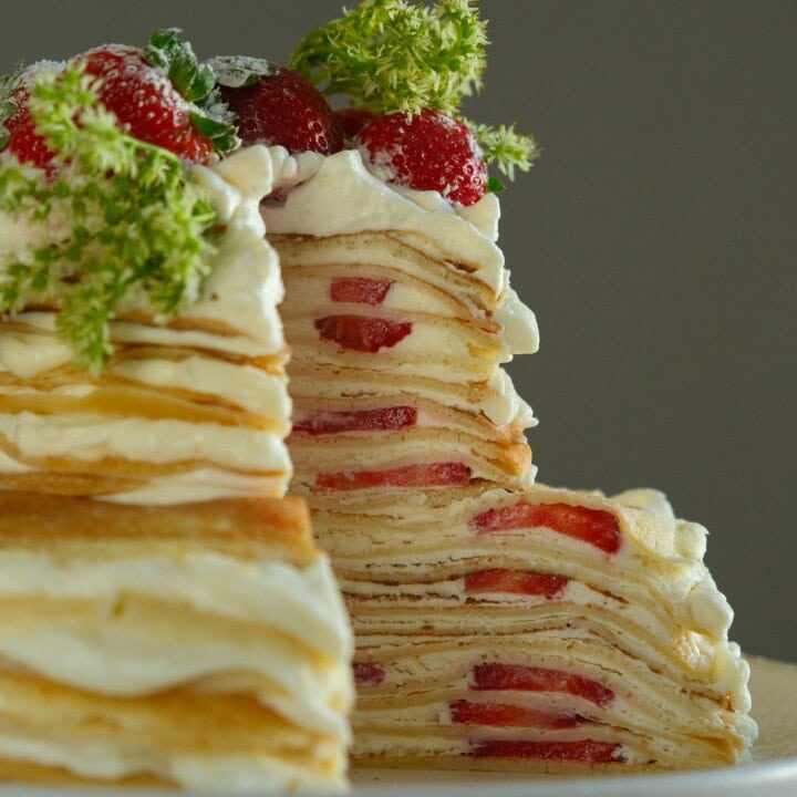 strawberry mille crepe cake crossection.