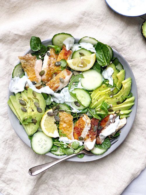 15 Minute Crispy Chicken Thighs With All The Greens And A Tarragon & Lemon Drizzle