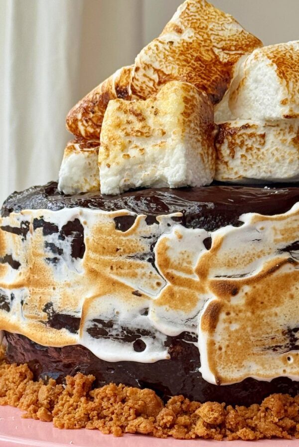 smores cake with marshmallows on top.