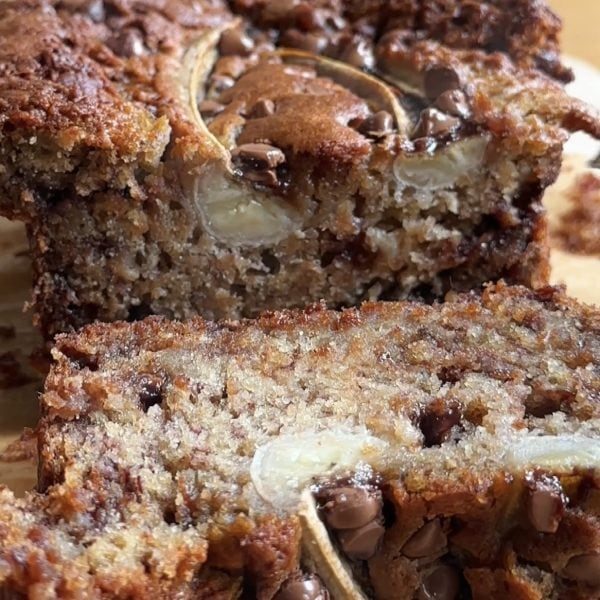 Moist chocolate chip banana bread slices