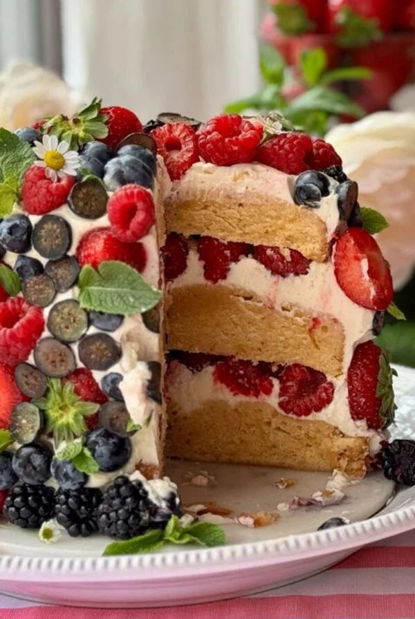 berry cake with slice removed.