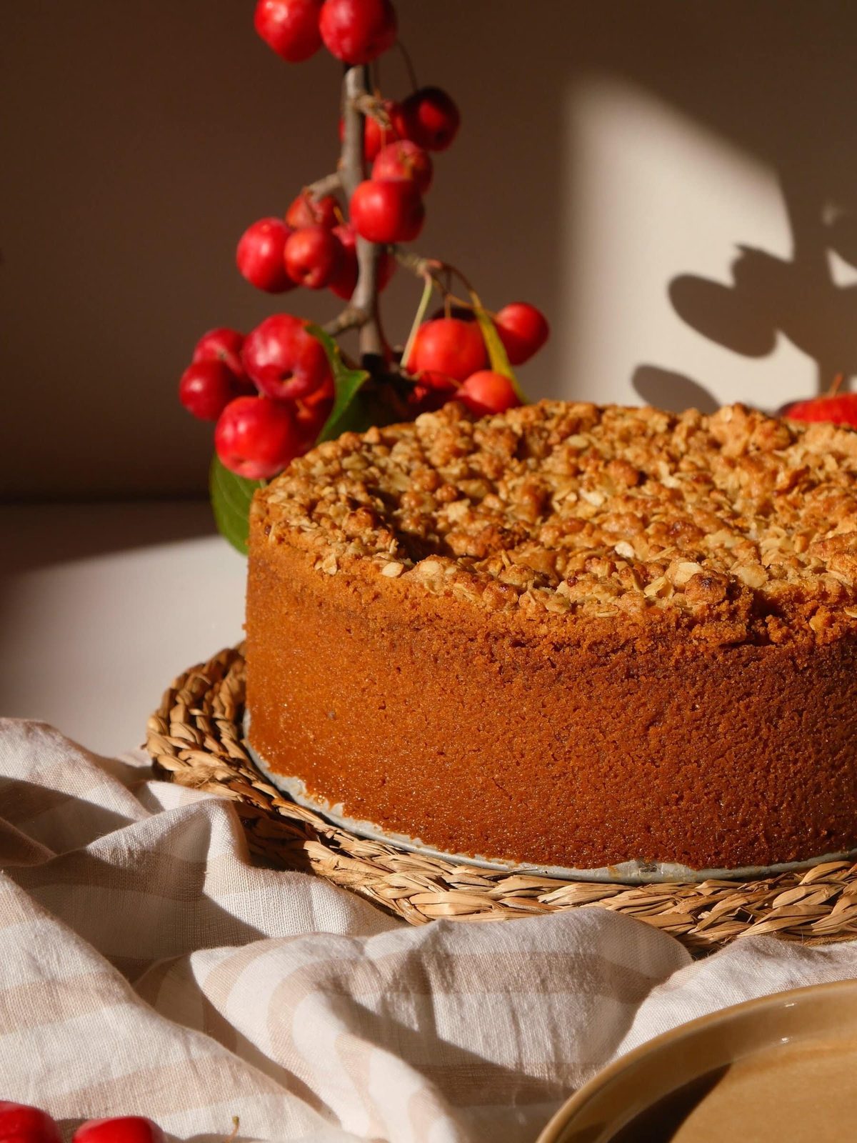 Apple Crumble Cheesecake on a plate.