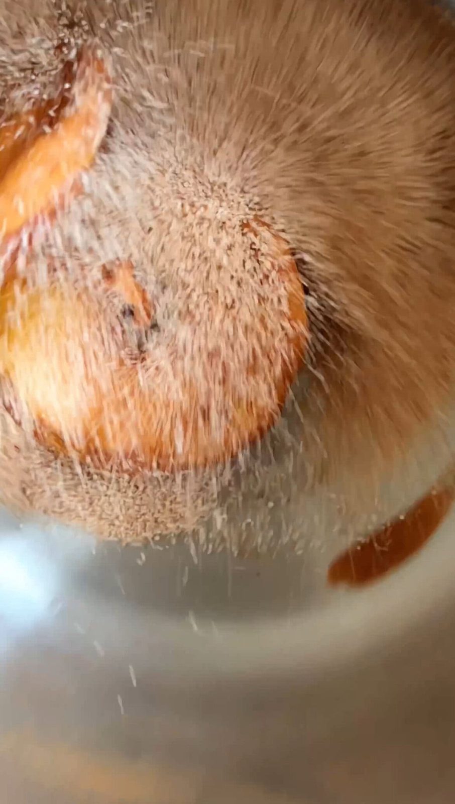 Dredging appelflappen in cinnamon sugar.