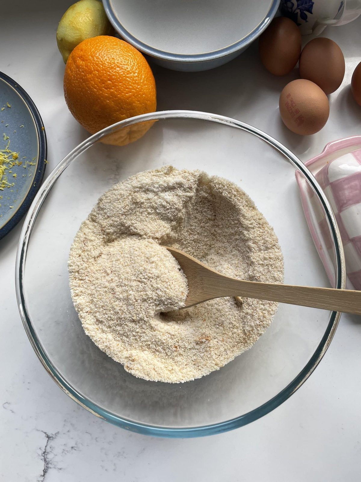 Mixing dry ingredients in the glass mixing bowl.