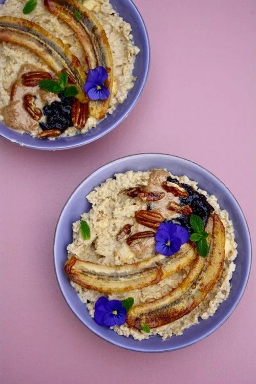 Banana Porridge With Caramelised Banana, Pecans, Almond Butter & Jam Inspired By Levi Roots