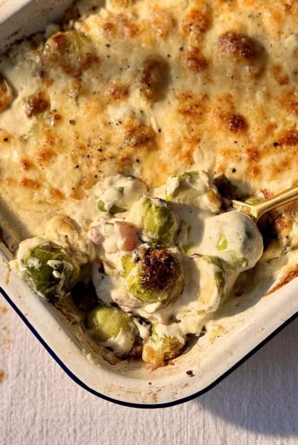 Brussels sprout casserole in a baking dish.