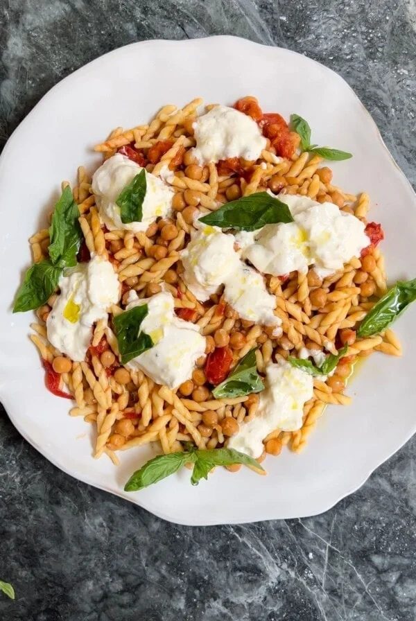 trofie pasta with tomatoes and chickpeas.
