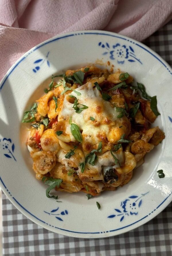 sausage pasta bake in a bowl.