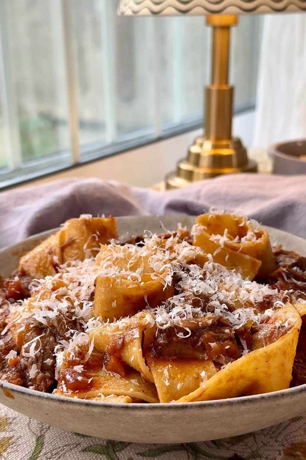Beef short ribs ragu with pappardelle, finished dish close-up