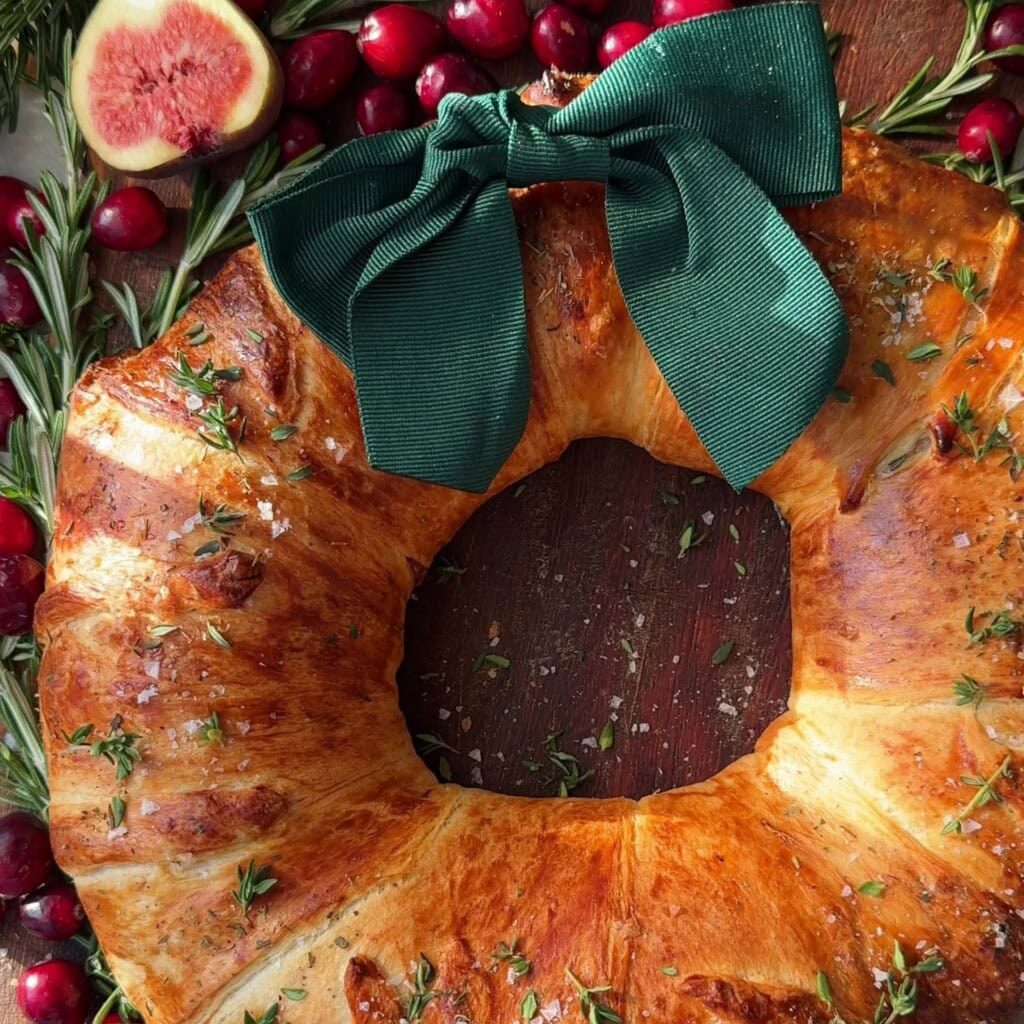Bacon Brie Crescent Wreath with ribbon on table.