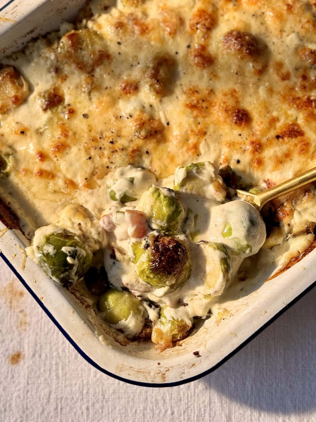 Creamy Brussels Sprouts Casserole with Bacon (or Pancetta)