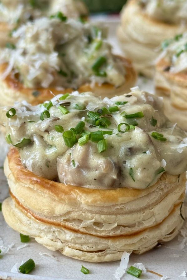 vol au vents on a white plate.