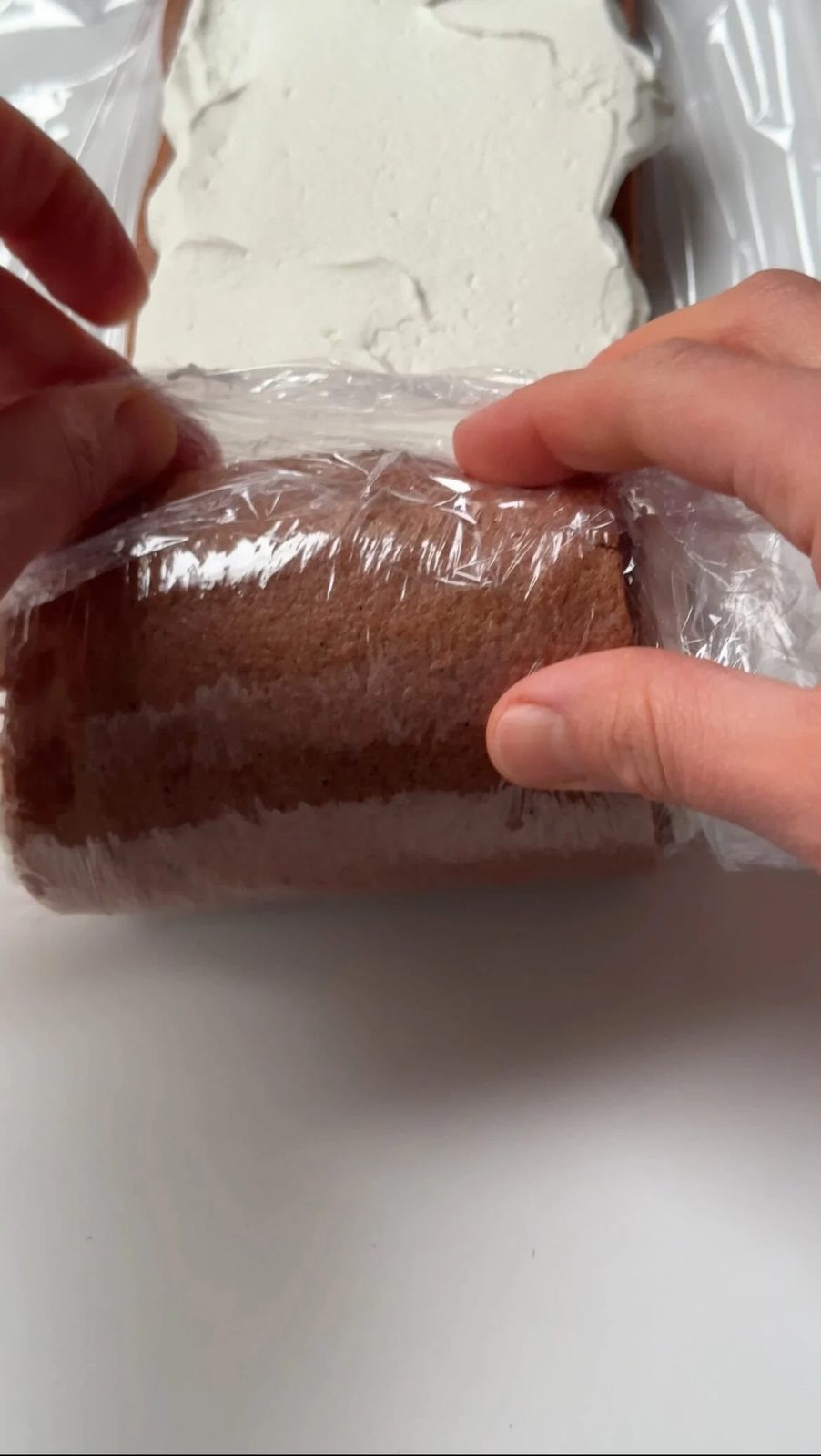 Rolling yule log layers with plastic wrap.
