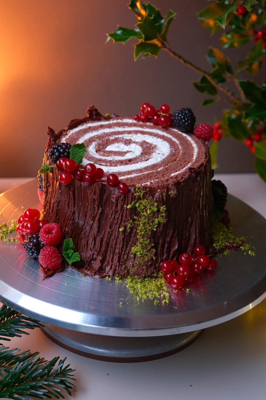 Chocolate buche de noel (yule log) on a plate with berries.