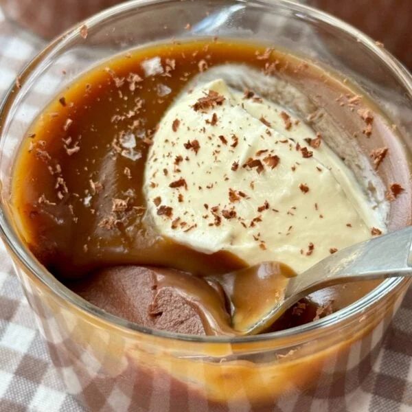 budino in a glass with creme fraiche.