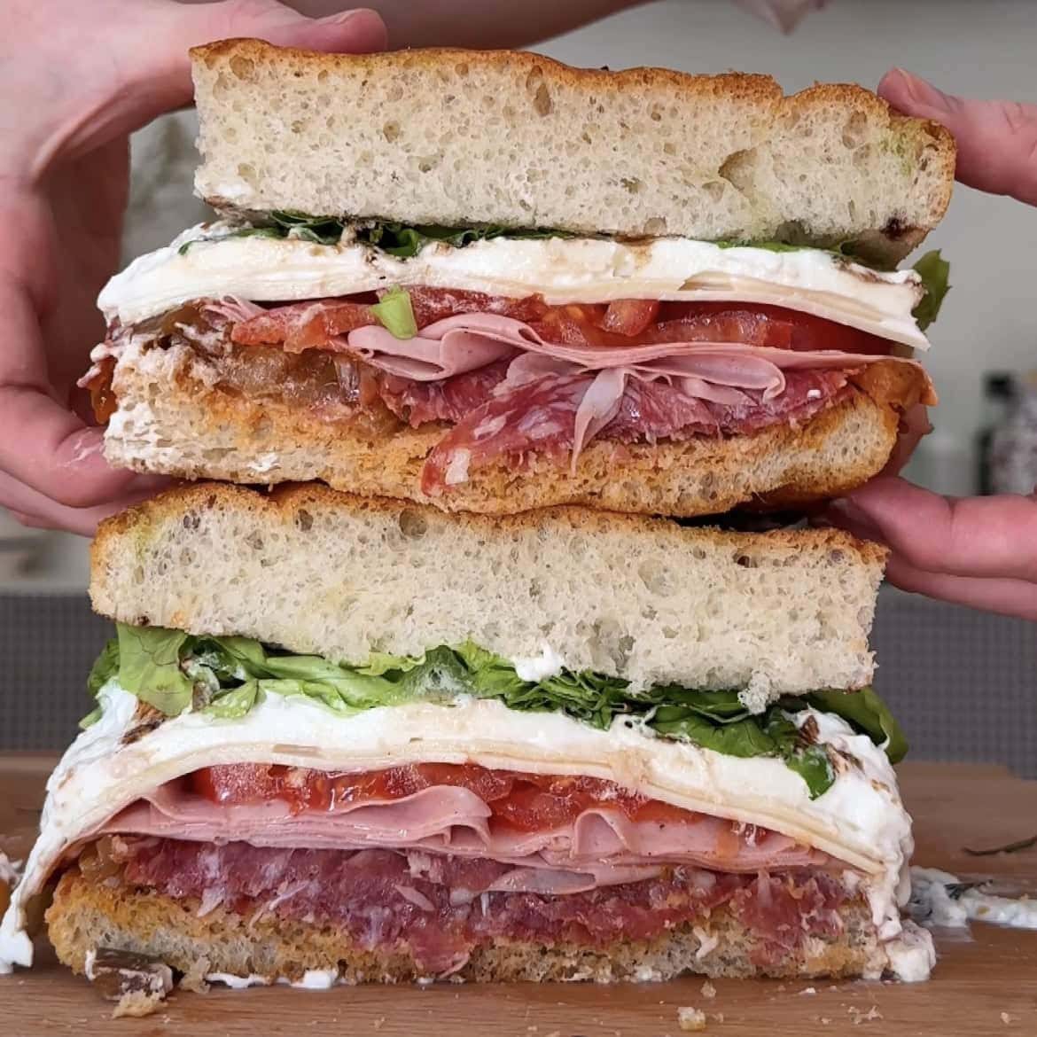 Burrata and Salami Focaccia Sandwich with Aubergine Caponata
