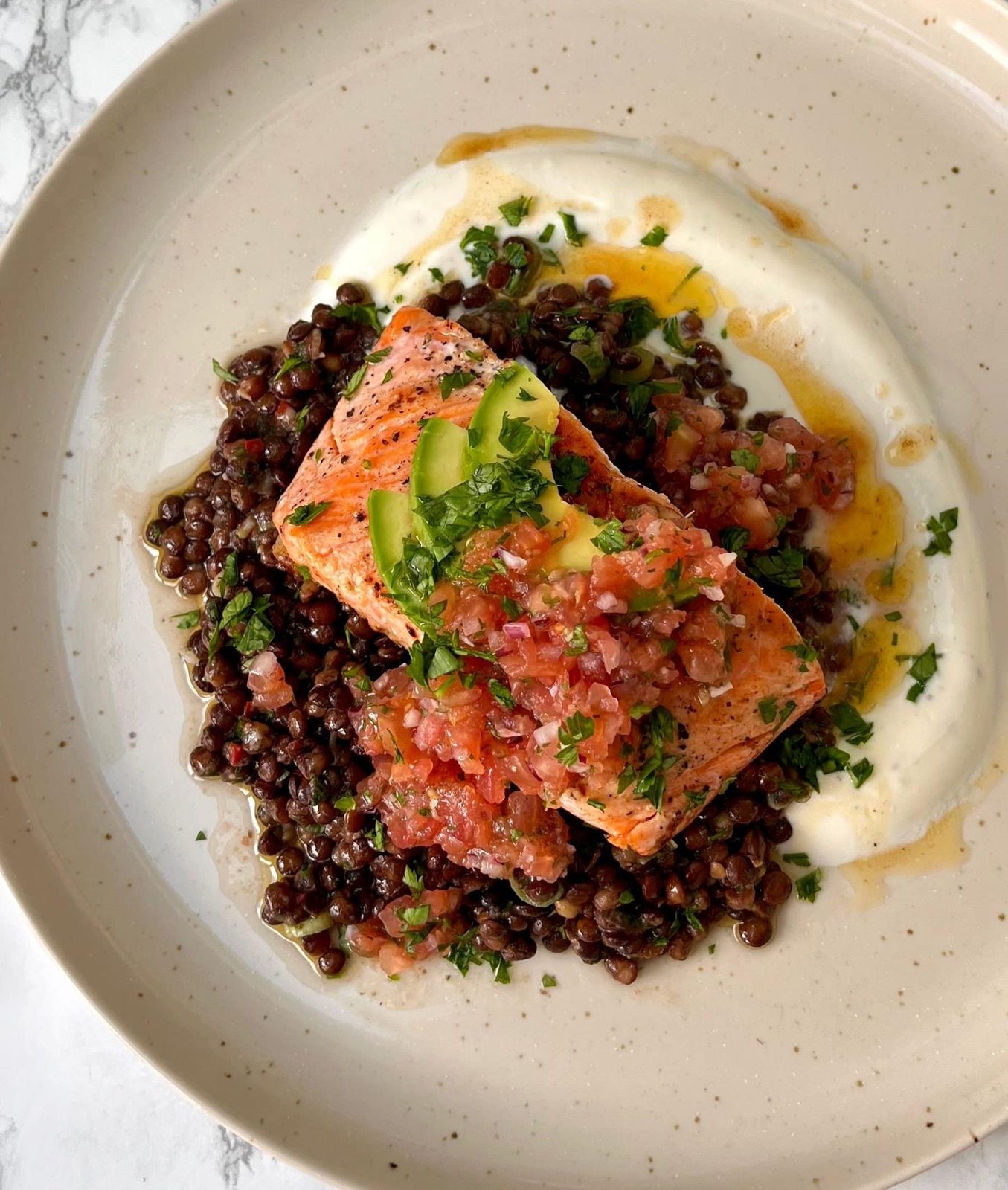 Butter Sizzled Salmon With Herby Chilli Lentils, Garlicky Yoghurt And A Simple Tomato Salsa