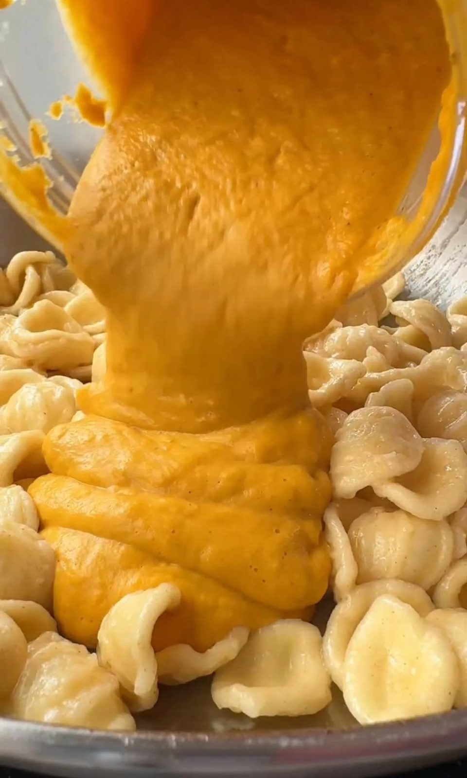 adding butternut sauce to pasta.