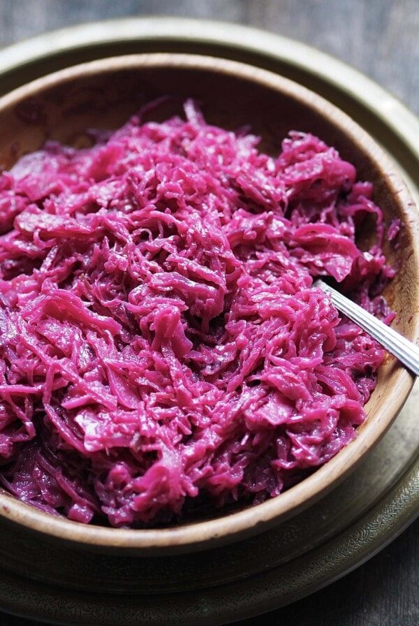 Close up of a bowl of braised red cabbage.