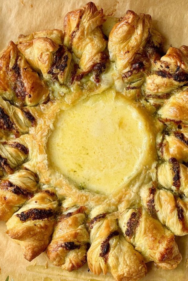 tarte soleil with pesto and melted brie.