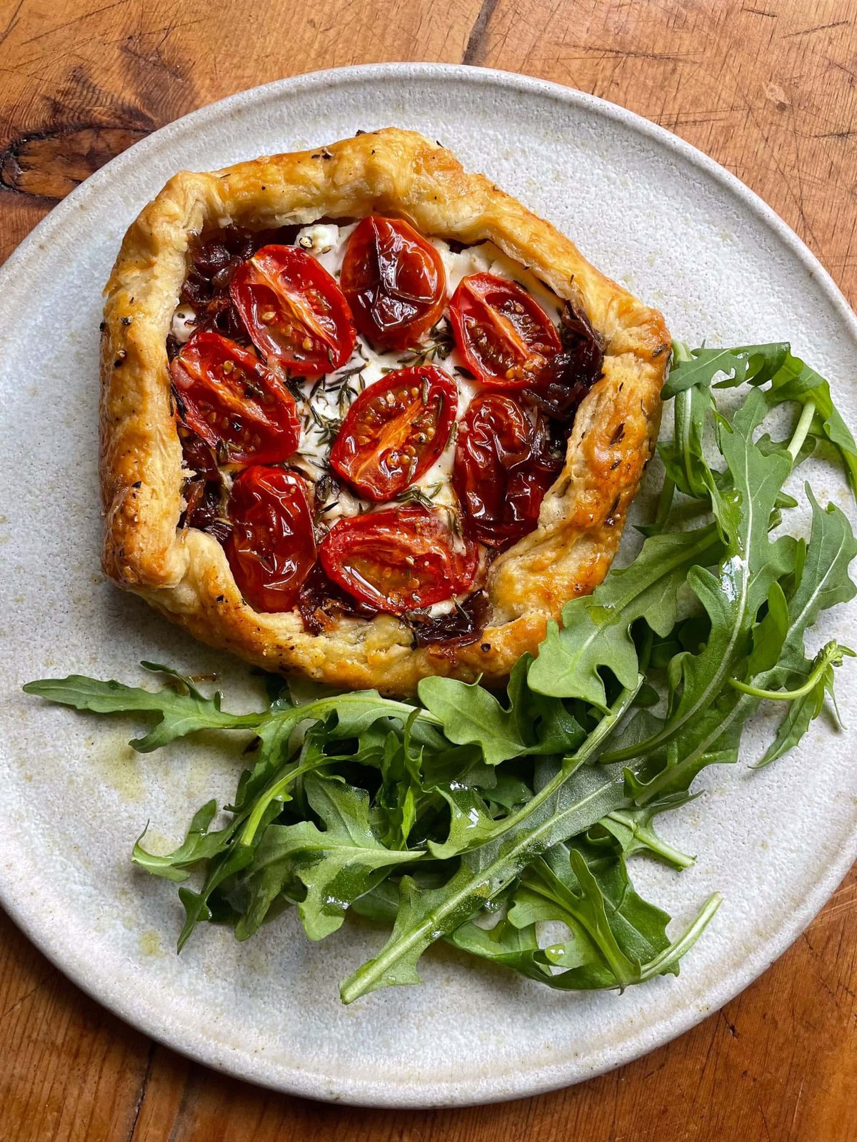 Caramelised Onion Galettes with Goats Cheese and Cherry Tomatoes