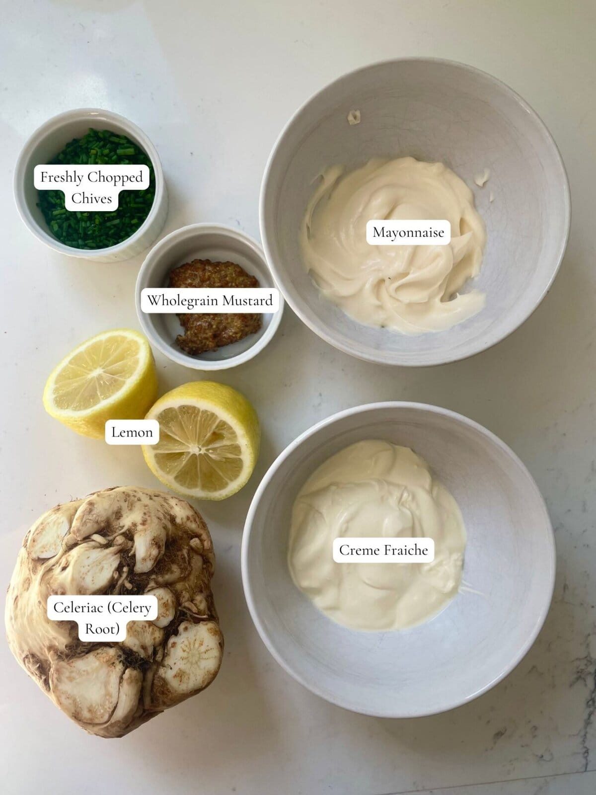 labelled ingredients to make celeri remoulade.
