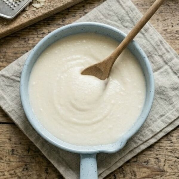 easy to make cheats white sauce for lasagne in a blue pan