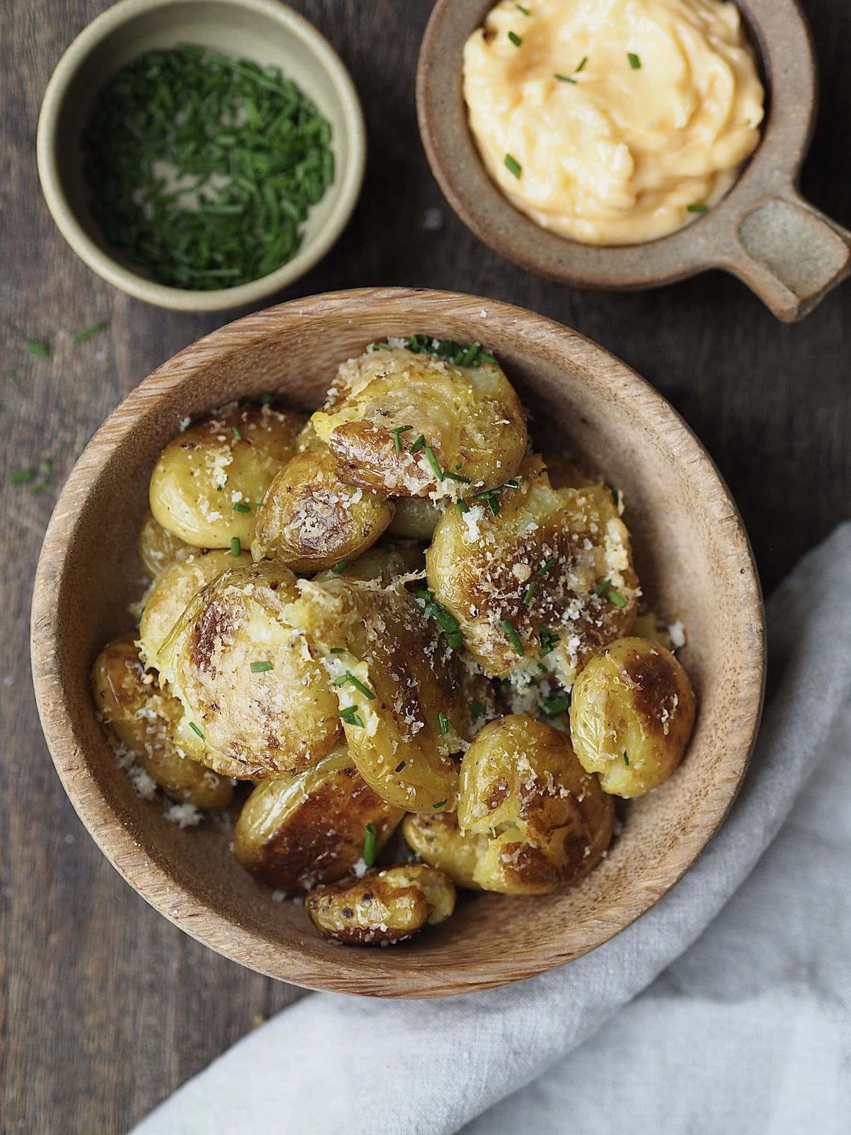 Cheesy Smashed Potatoes with Parmesan, Garlic with Homemade Aioli.