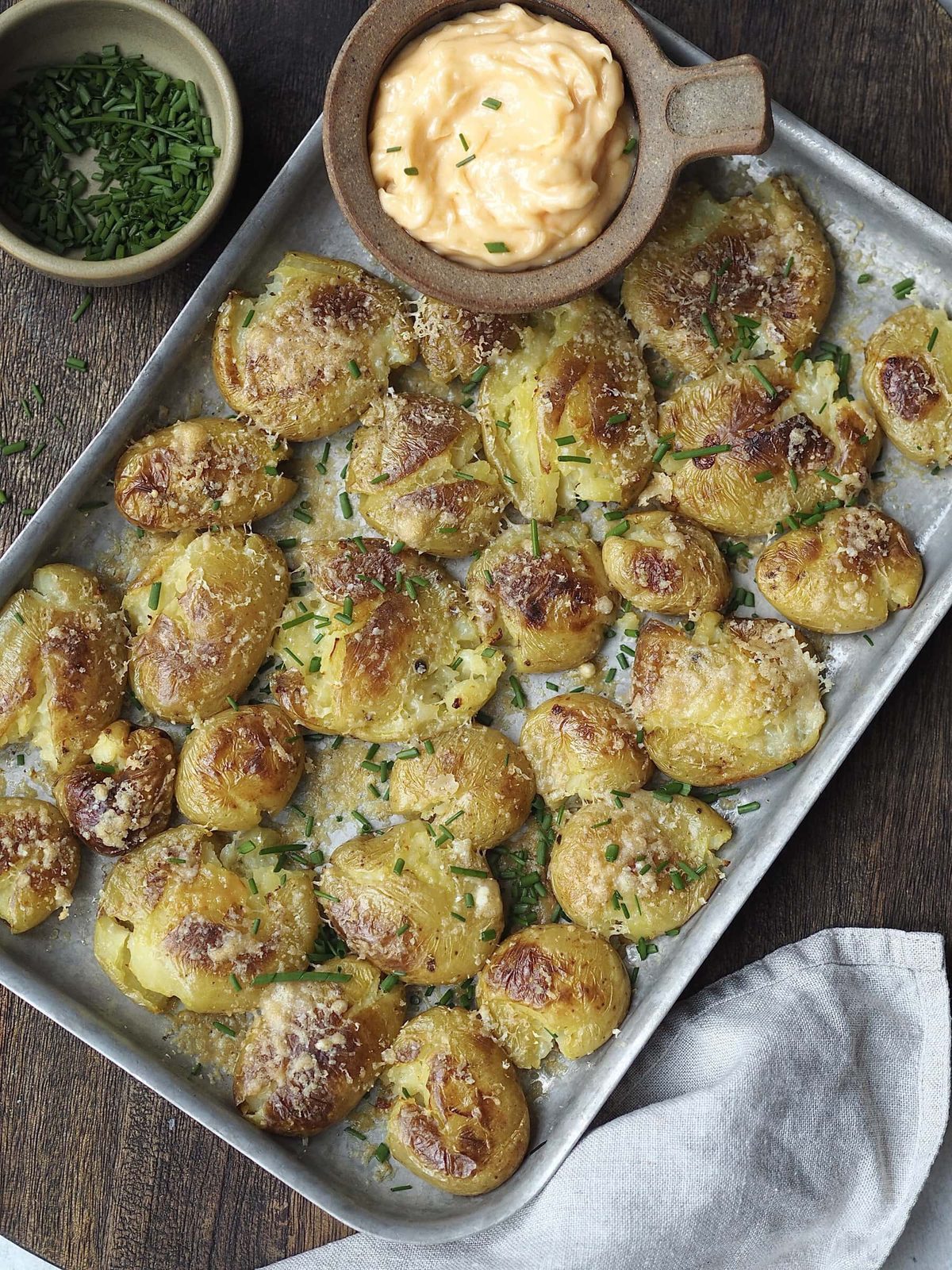 Cheesy Smashed Potatoes with Parmesan, Garlic with Homemade Aioli.