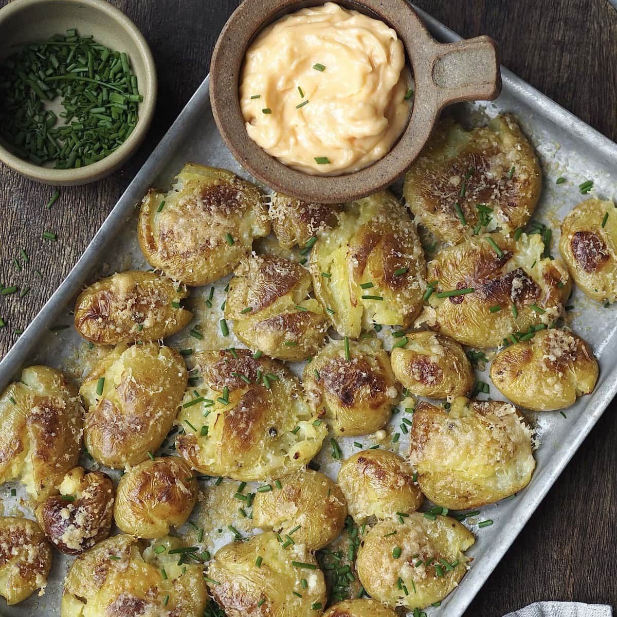 Cheesy Smashed Potatoes with Roasted Garlic Aioli