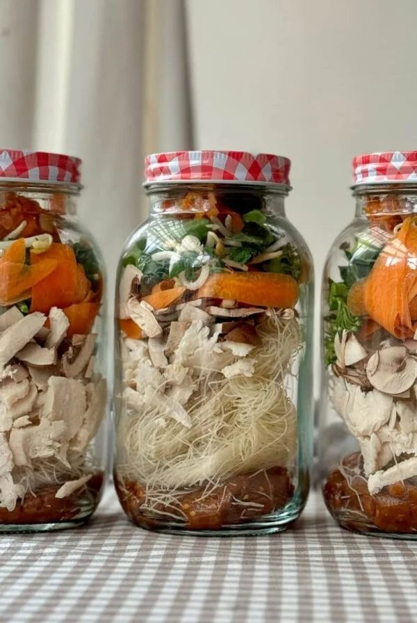 three jars of mason jar noodles.