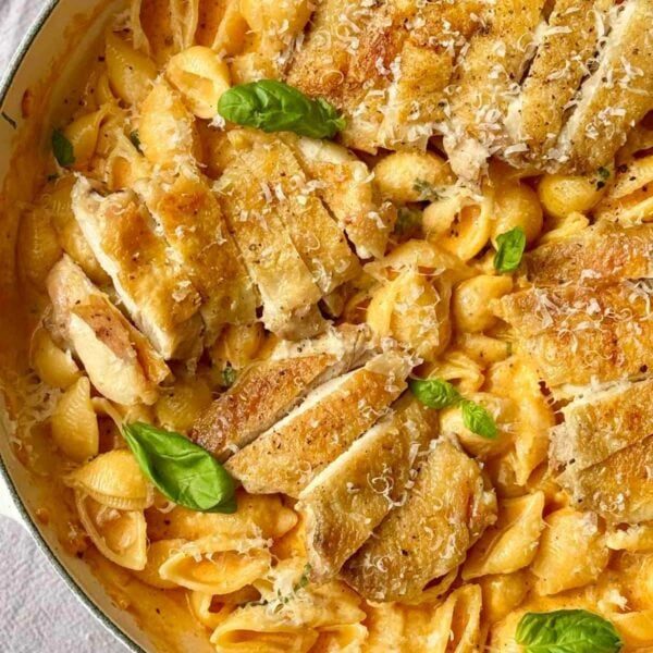 chicken garlic parmesan pasta in pan.