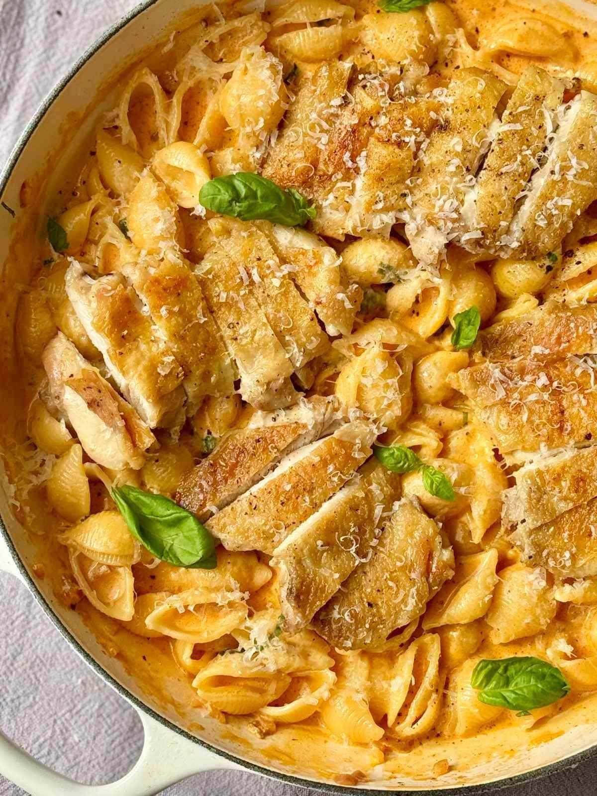 chicken garlic parmesan pasta in pan.