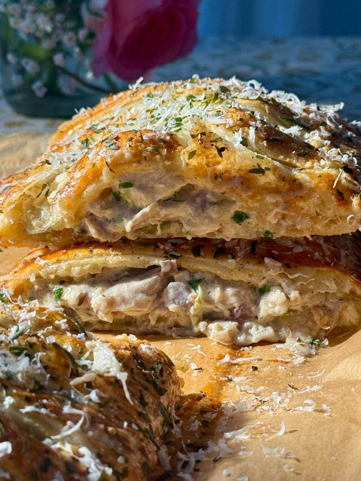 Chicken pie with mushrooms as a plait.