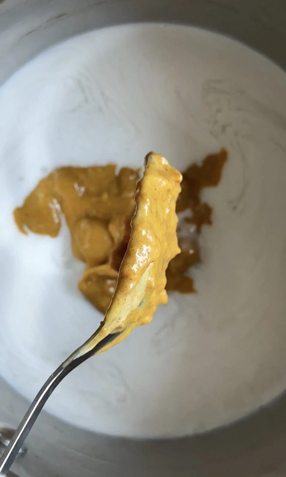 Mixing chicken satay sauce with coconut milk in small bowl.