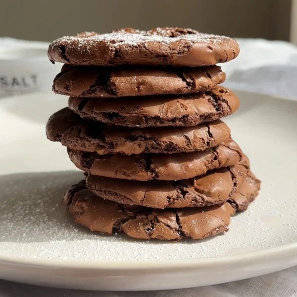 a stack of chocolate brownie cookies on a white plate