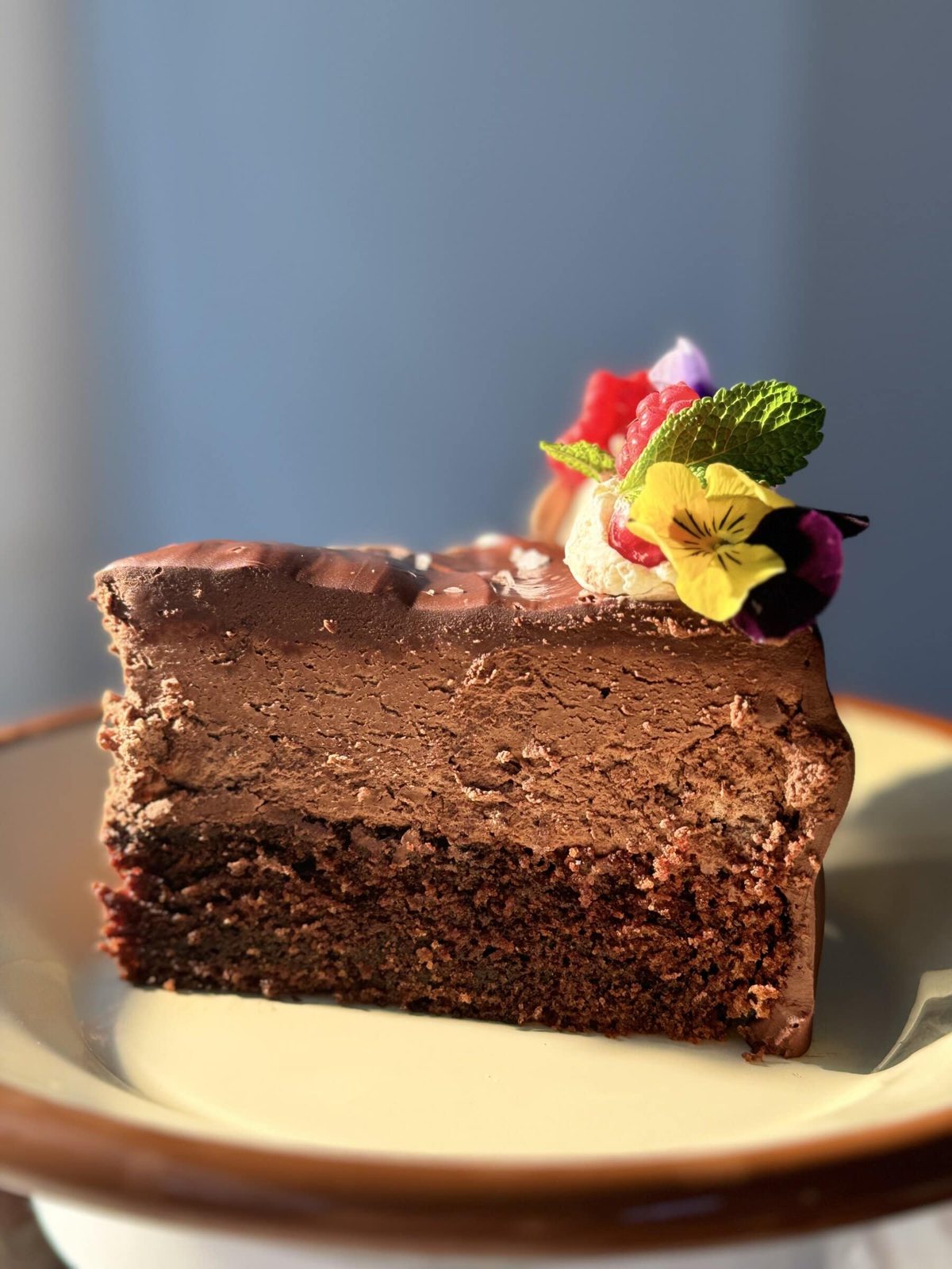 chocolate cake with chocolate mousse slice on plate.