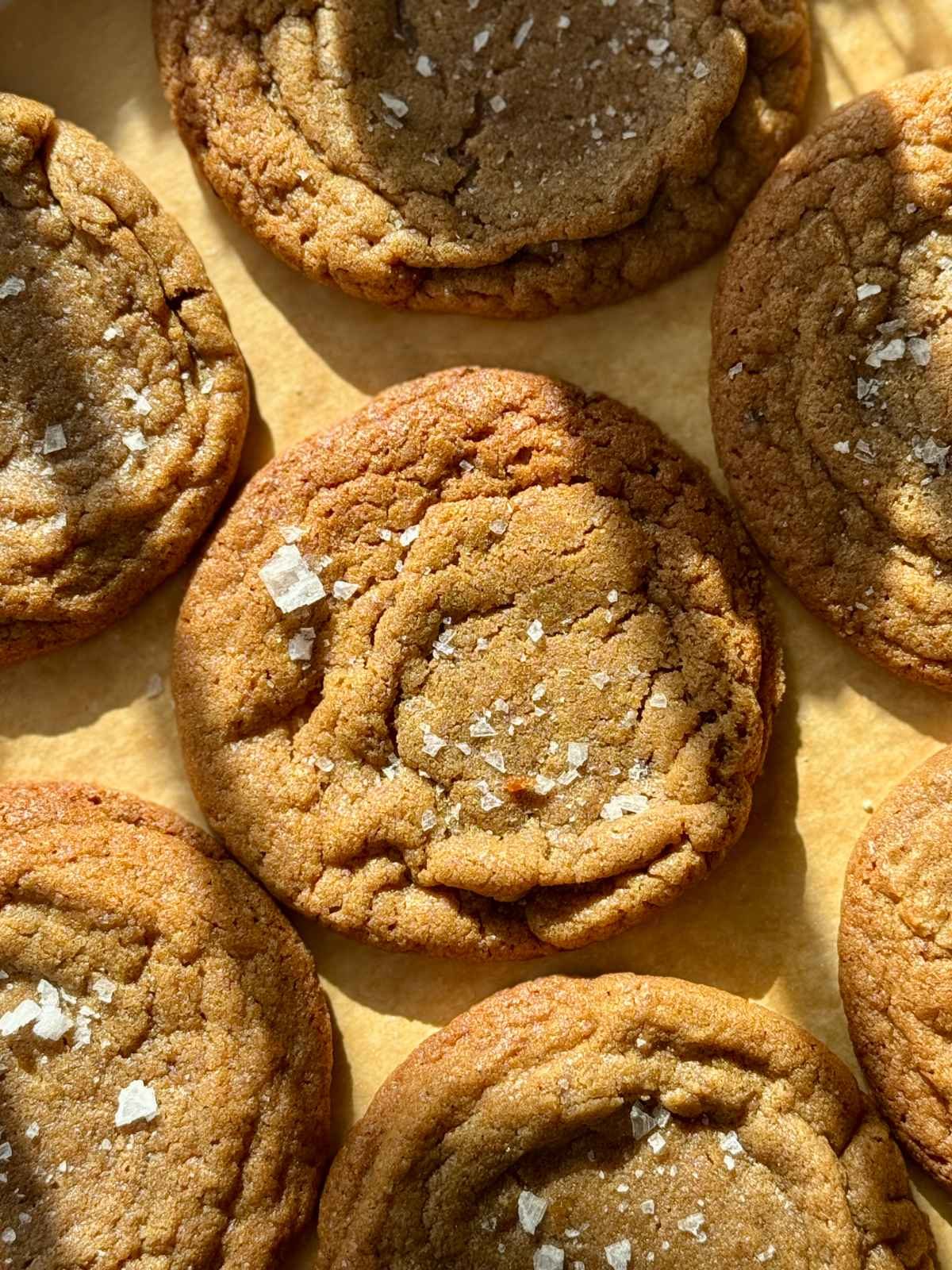 Chocolate chipless cookies on baking parchment.