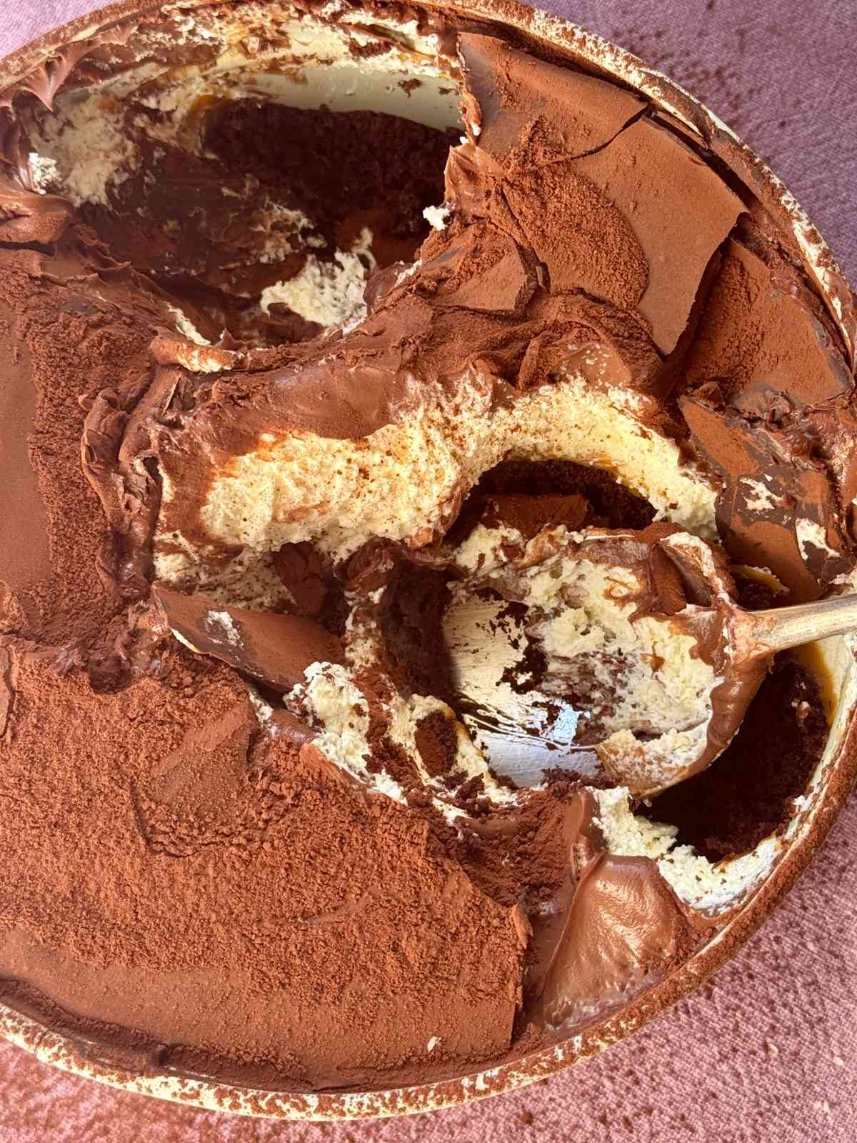 Chocolate dream cake in a pan with a spoon.