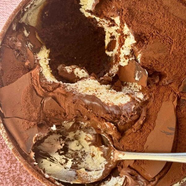 chocolate dream cake in a tin with a spoon.