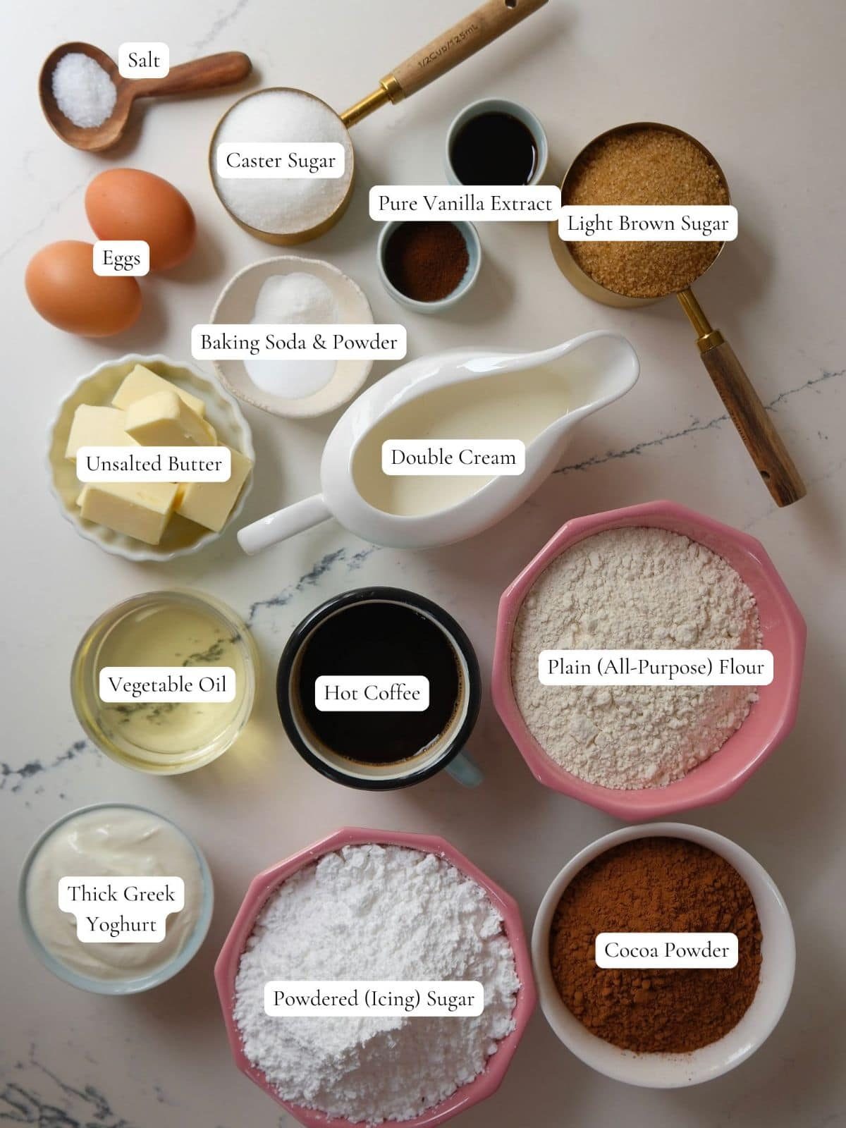 labelled ingredients to make chocolate fudge cake.