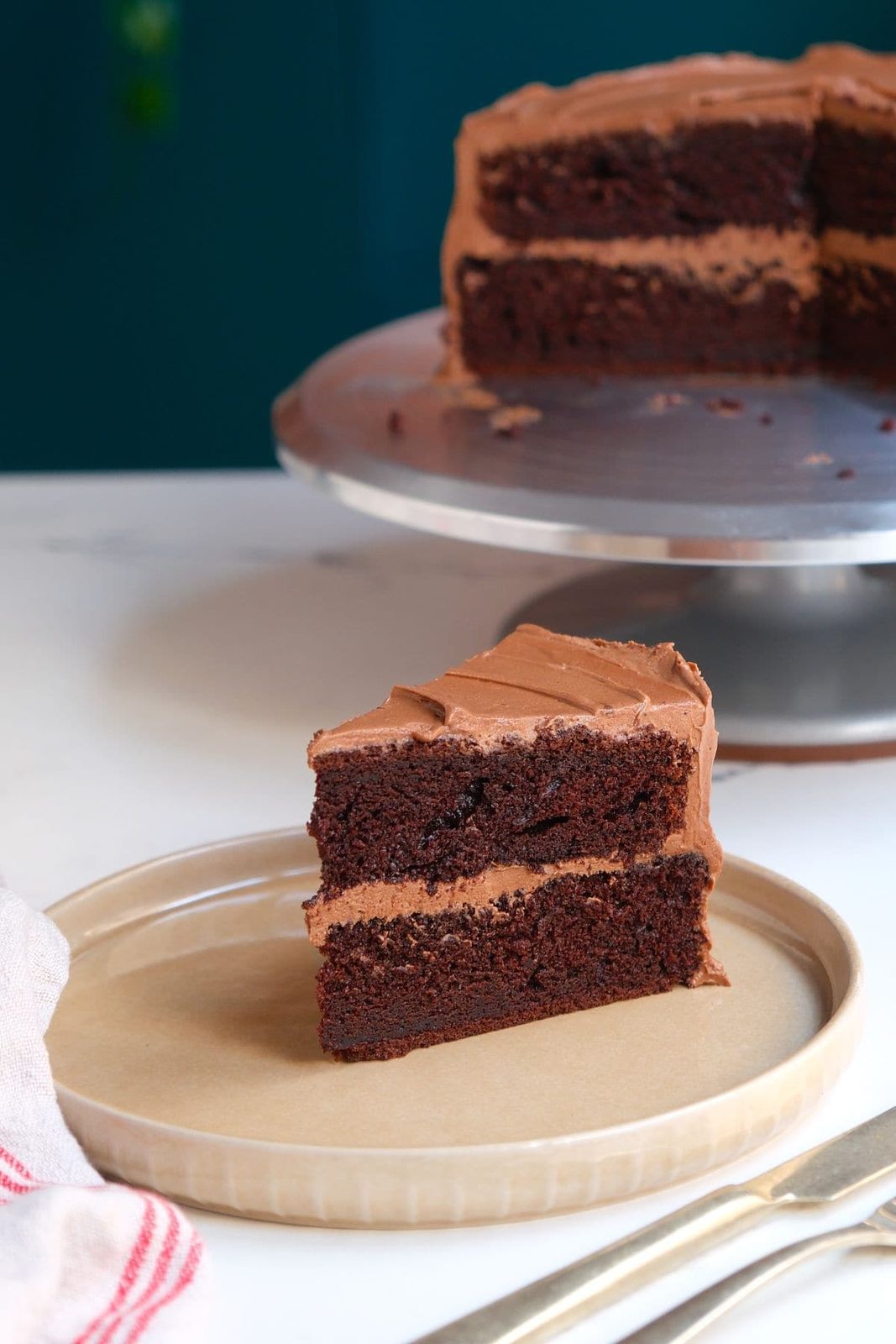 slice of chocolate fudge cake.