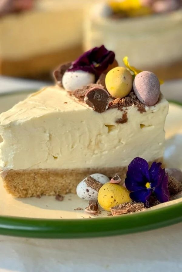 mini egg cheesecake slice on plate.