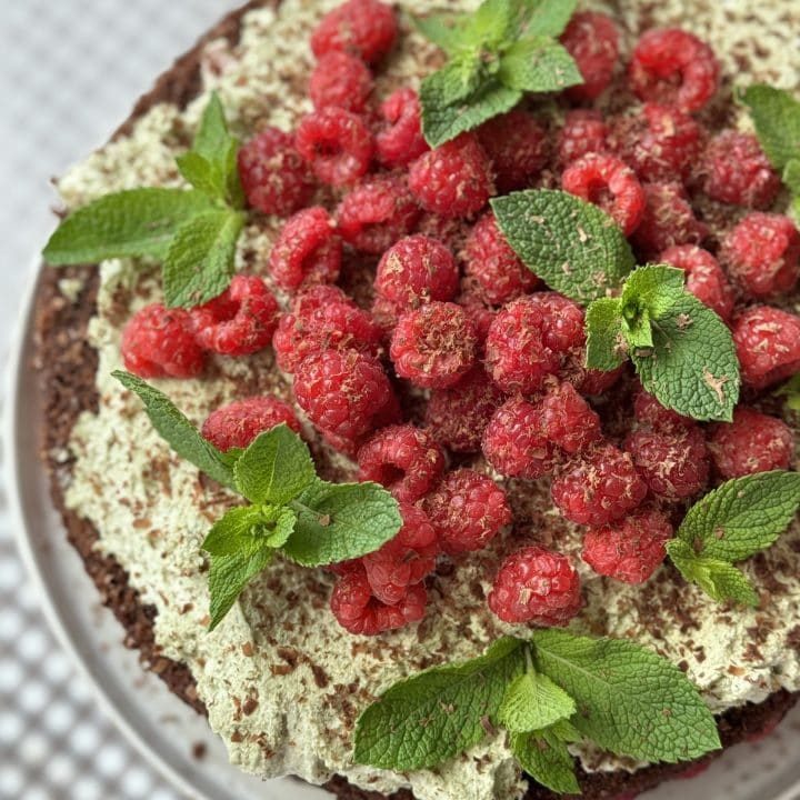 top down view of chocolate raspberry cake.