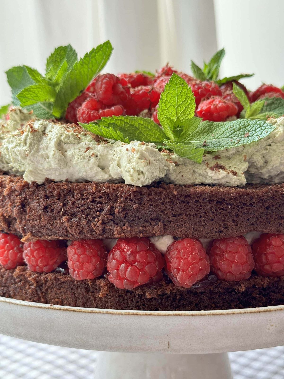 close up of chocolate raspberry cake.