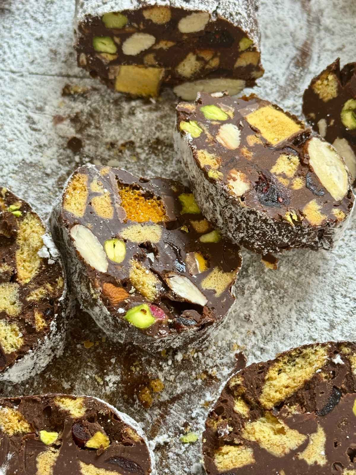 chocolate salami sliced.
