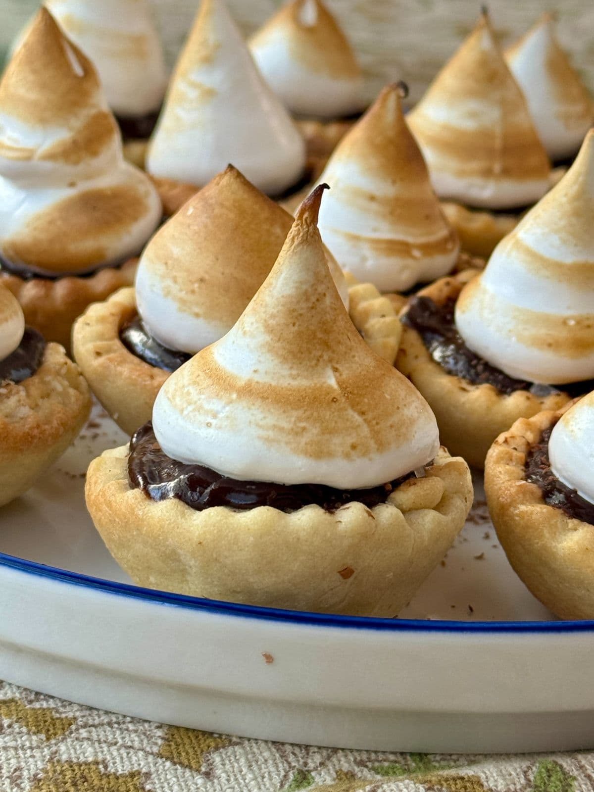chocolate tarts with meringue topping on a plate.