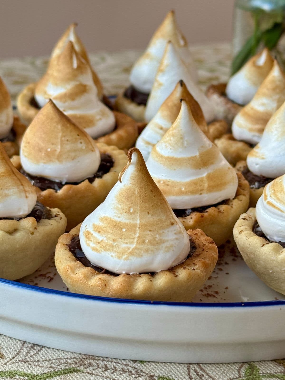 chocolate tarts with meringue topping on a plate.