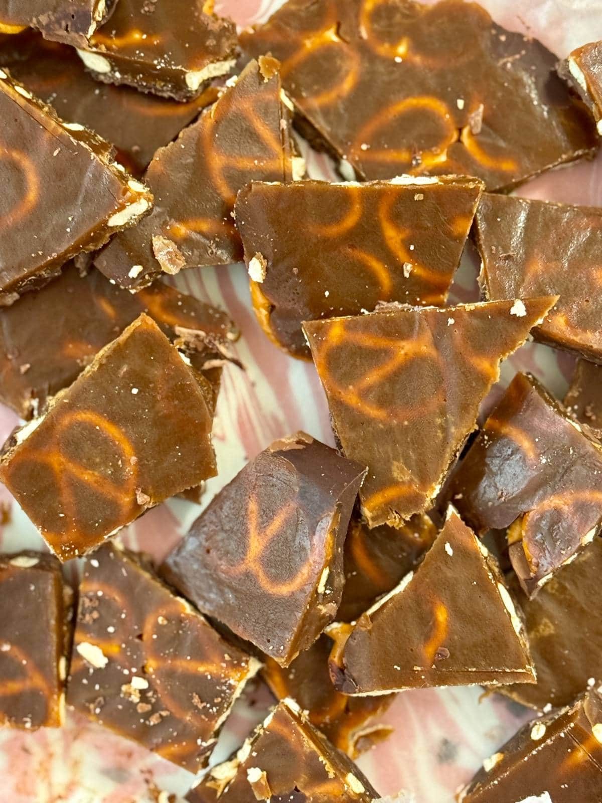 Christmas pretzel crack on a baking sheet.