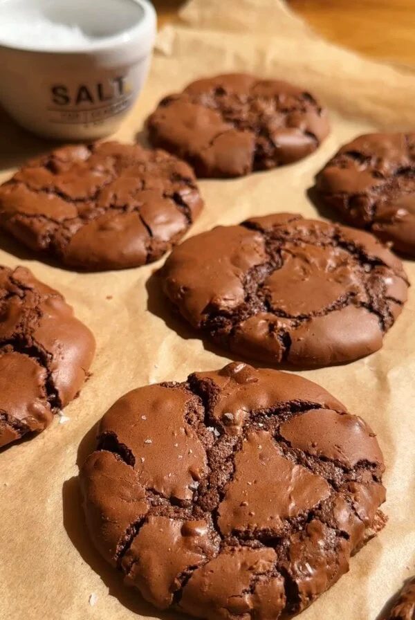 chocolate brownie cookies on brown parchment paper